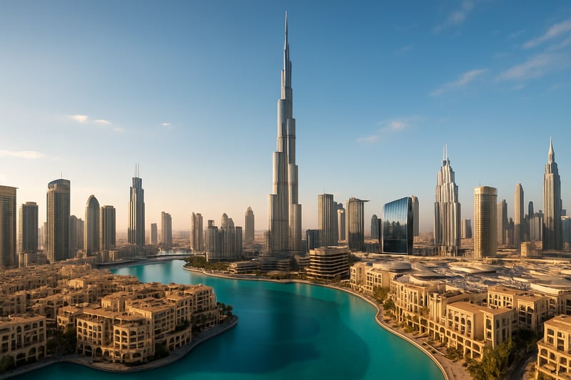 Panoramic view of Dubai skyline with Burj Khalifa and luxury waterfront.